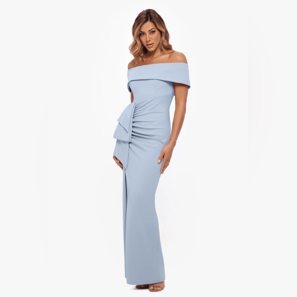 Xscape "CAMILA" LONG OFF THE SHOULDER SCUBA CREPE DRESS in light blue